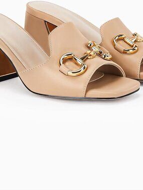 Women's Khaki Mules Single Band Comfort Slip-on Shoes Metal Chain Chunky Heel